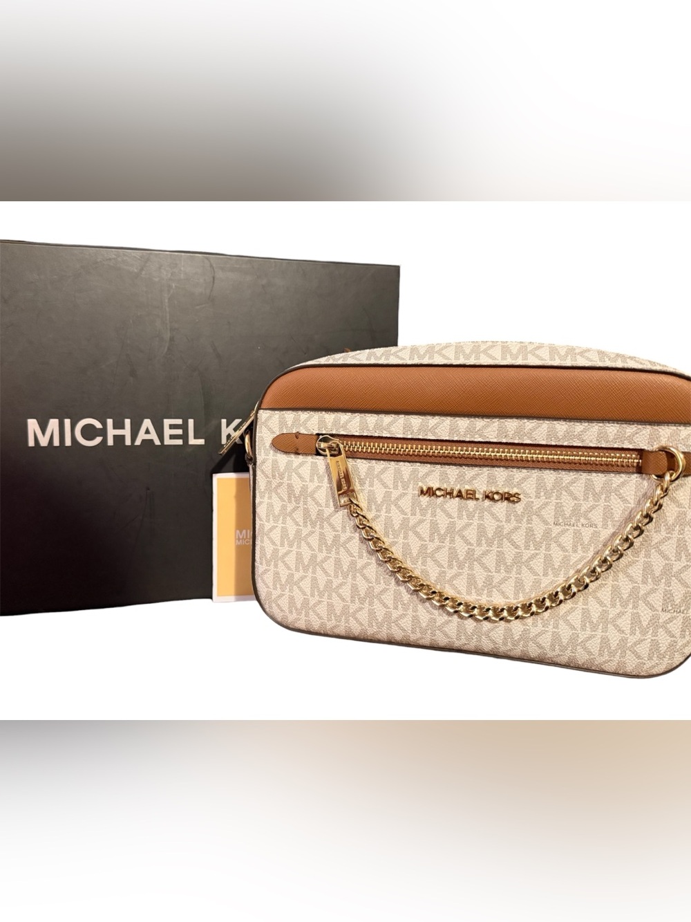 Michael Kors Large Vanilla and Acorn Logo JetSet Shoulder Bag with Gold Chain